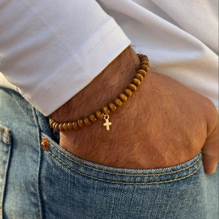 Wholesale Retro Style Wooden Beads Stacked with Bracelet Men's Beaded Cross Pendant Bracelet
